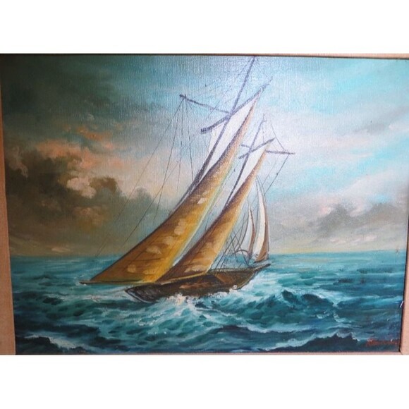 Dramatic Oil On Canvas 2 Mast Schooner Coastal Maine Estate Signed 24 x 20 - Picture 3 of 4